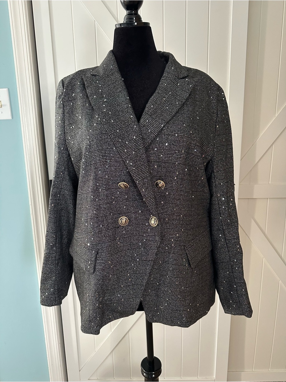 Chico’s Size 3 Black Plaid Metallic Sequin Double Breasted Blazer Size 16 18